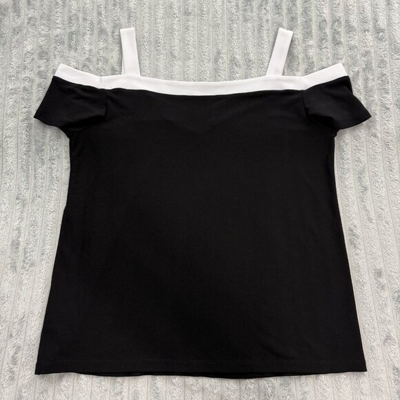 INC International Concepts Top Women Med Strappy Black White Cold Shoulder Shirt - Picture 9 of 9